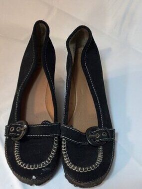 M.P.S. Black Suede Moccasin Flats Buckle Accent Comfort Women's Size 7.5M